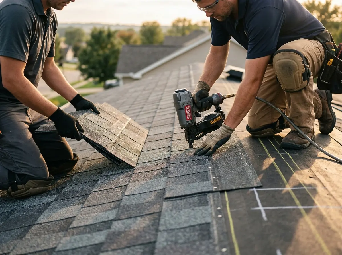 Professional roofer working on a residential roof in Silsbee